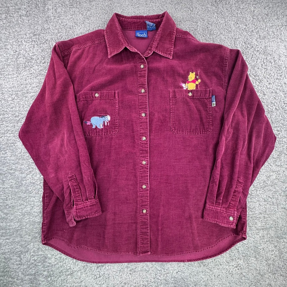 Pooh Disney Winnie the Pooh Corduroy Shirt XL Maroon Eeyore Piglet‎ SEE FLAWS